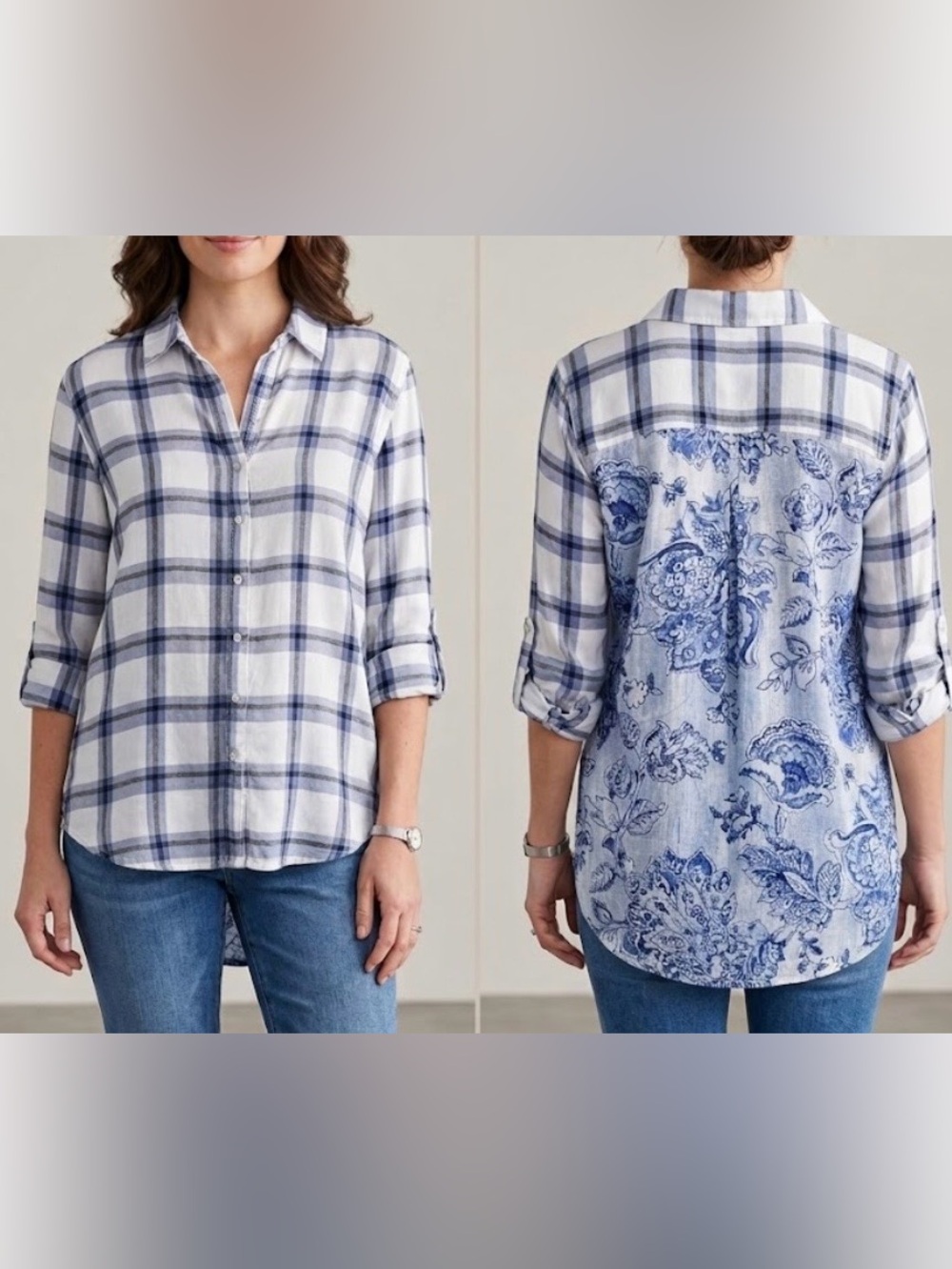 Cino plaid, floral back blouse shirt, roll tab sleeve button front soft medium